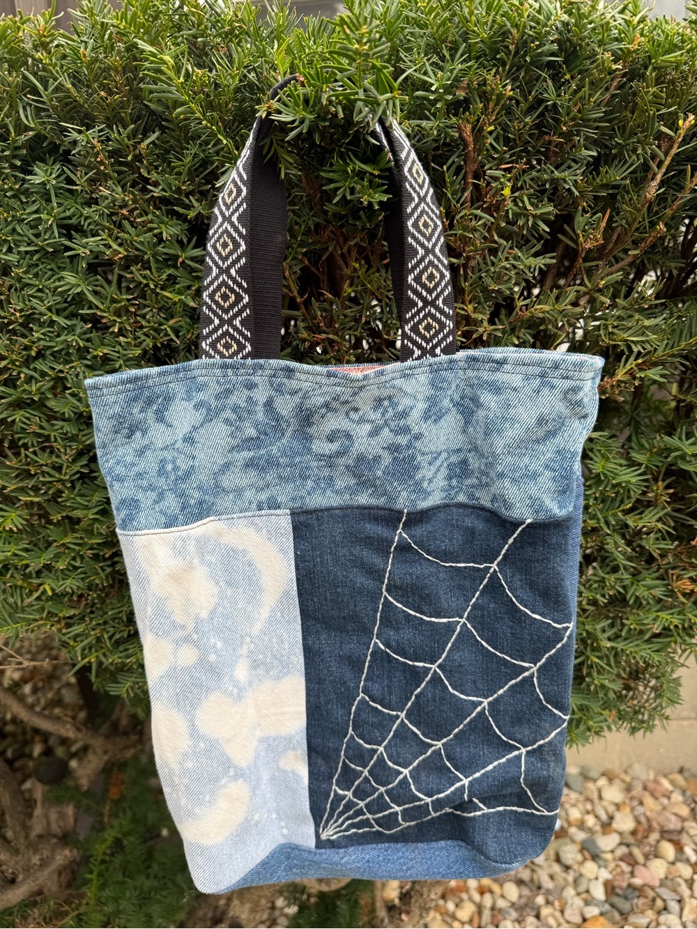 Blue Patchwork Denim Tote with Spiderweb Stitching